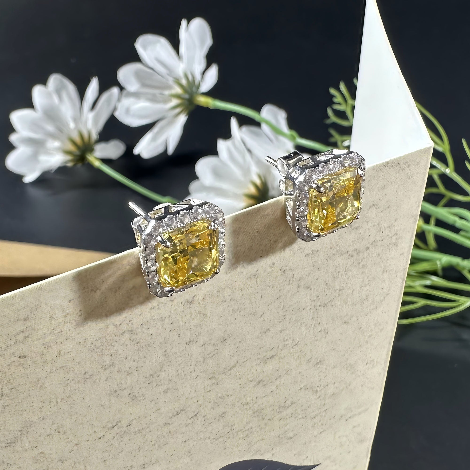 AuraBelle 925 silver yellow square zircon earrings